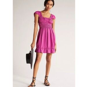 Anthropologie Pink Ruched Babydoll Dress linen size large